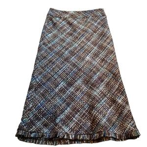 Brown and blue tweed skirt with ruffle hem